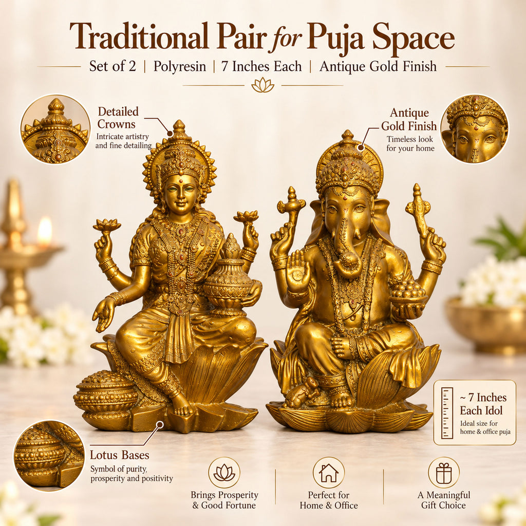 Antique Gold Laxmi Ganesh Idol Set of 2, Polyresin Murti, 7 Inch