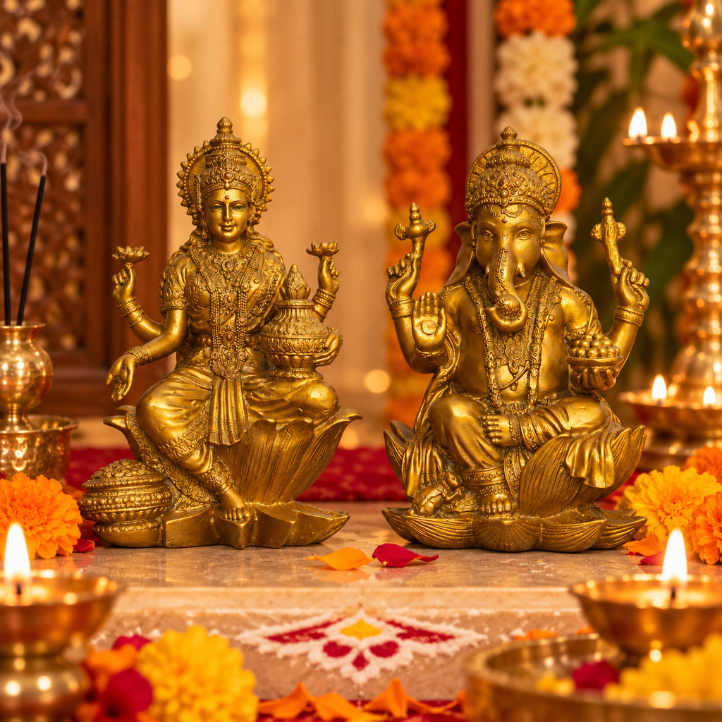 Antique Gold Laxmi Ganesh Idol Set of 2, Polyresin Murti, 7 Inch