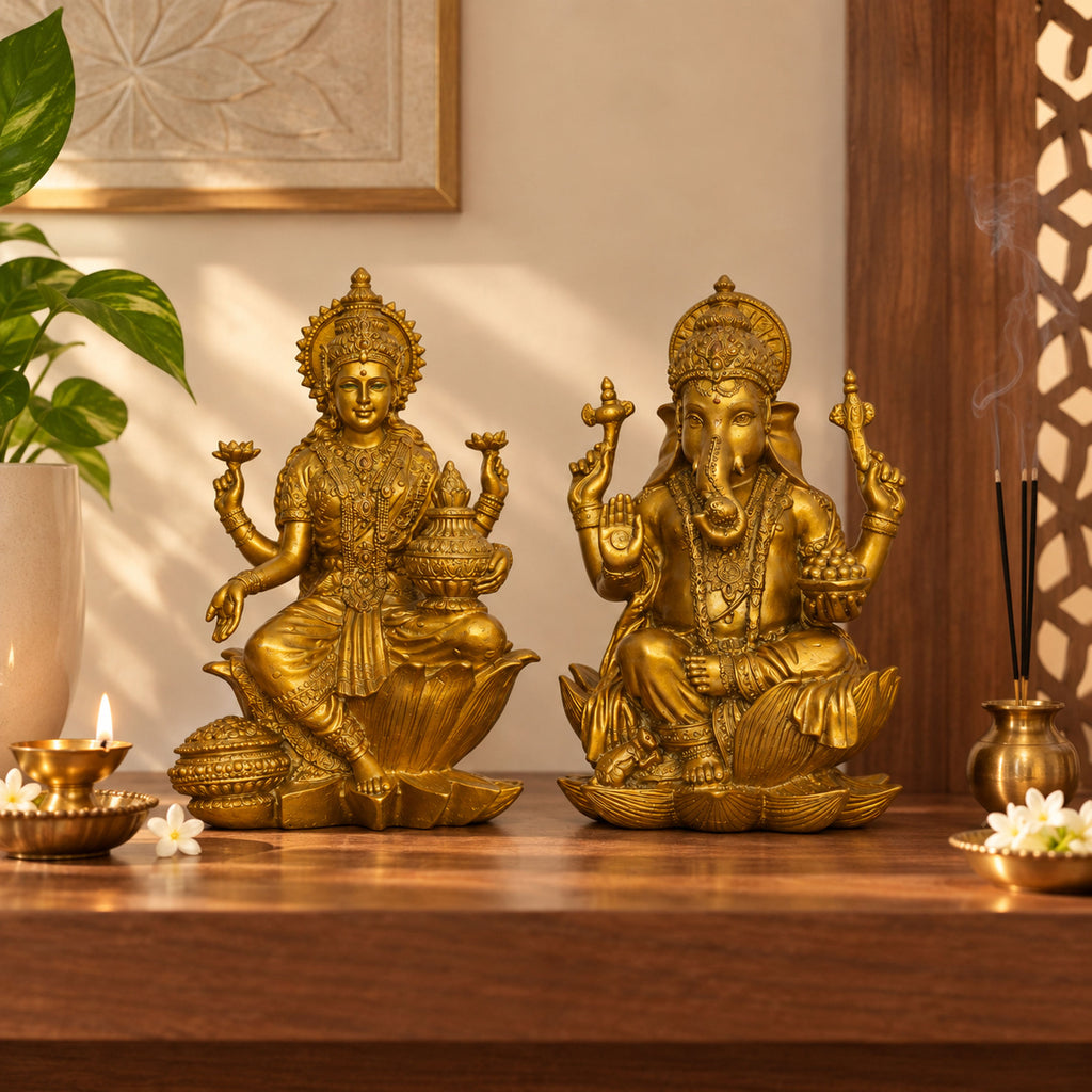 Antique Gold Laxmi Ganesh Idol Set of 2, Polyresin Murti, 7 Inch