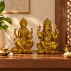 Antique Gold Laxmi Ganesh Idol Set of 2, Polyresin Murti, 7 Inch
