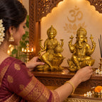 Antique Gold Laxmi Ganesh Idol Set of 2, Polyresin Murti, 7 Inch