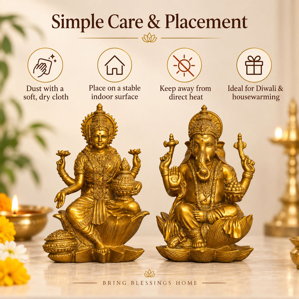 Antique Gold Laxmi Ganesh Idol Set of 2, Polyresin Murti, 7 Inch