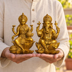 Antique Gold Laxmi Ganesh Idol Set of 2, Polyresin Murti, 7 Inch