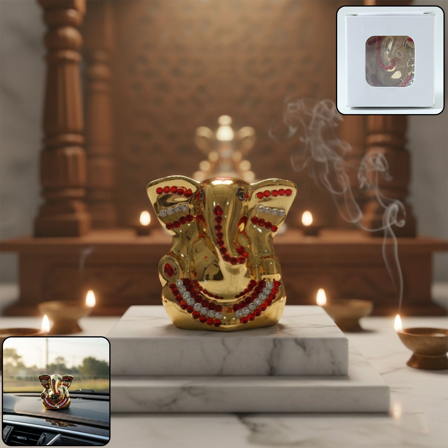 Golden Lord Ganesha idol with decorative stones for spiritual décor