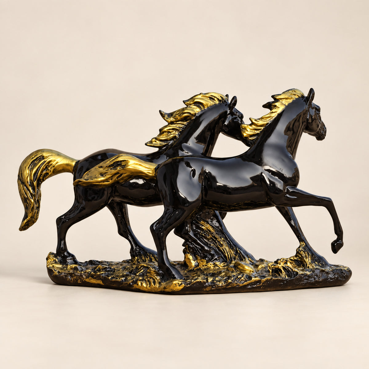 Race Horse Stallion Showpiece, Black Gold Resin, 12 Inch Long