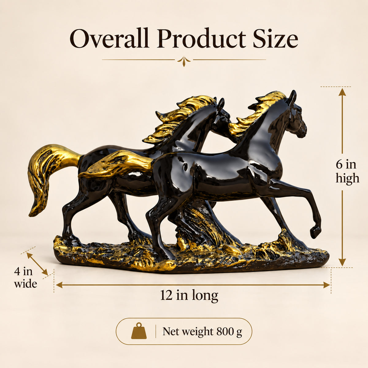 Race Horse Stallion Showpiece, Black Gold Resin, 12 Inch Long