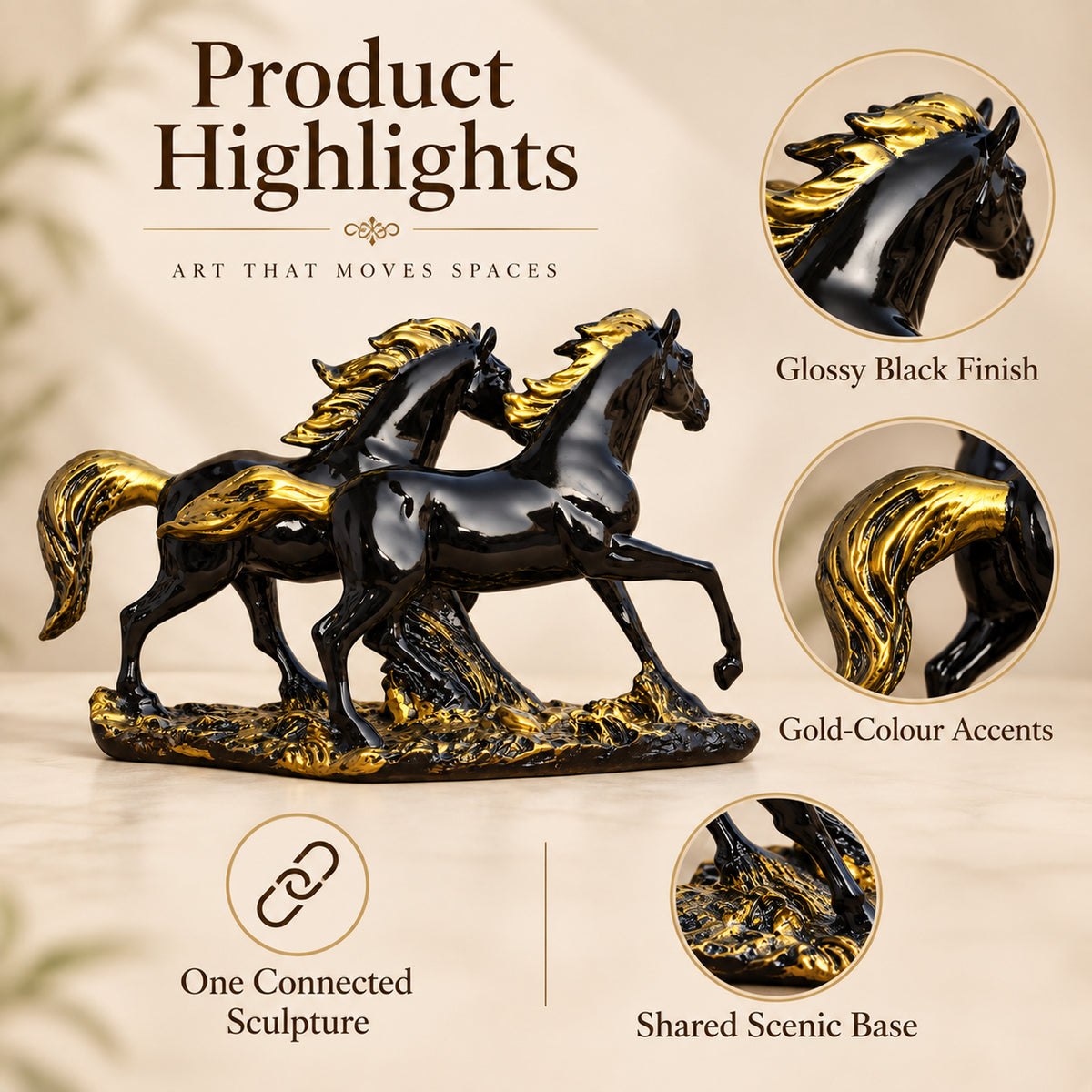 Race Horse Stallion Showpiece, Black Gold Resin, 12 Inch Long