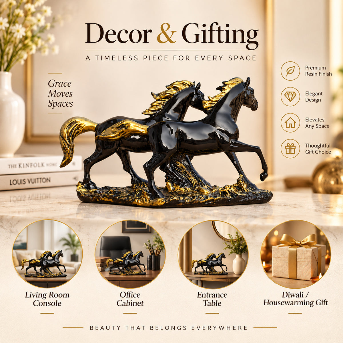 Race Horse Stallion Showpiece, Black Gold Resin, 12 Inch Long