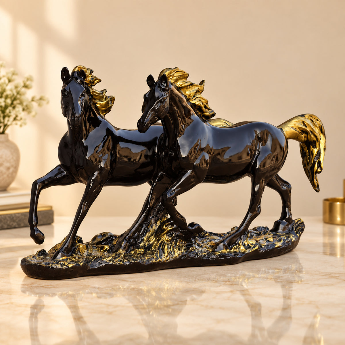 Race Horse Stallion Showpiece, Black Gold Resin, 12 Inch Long