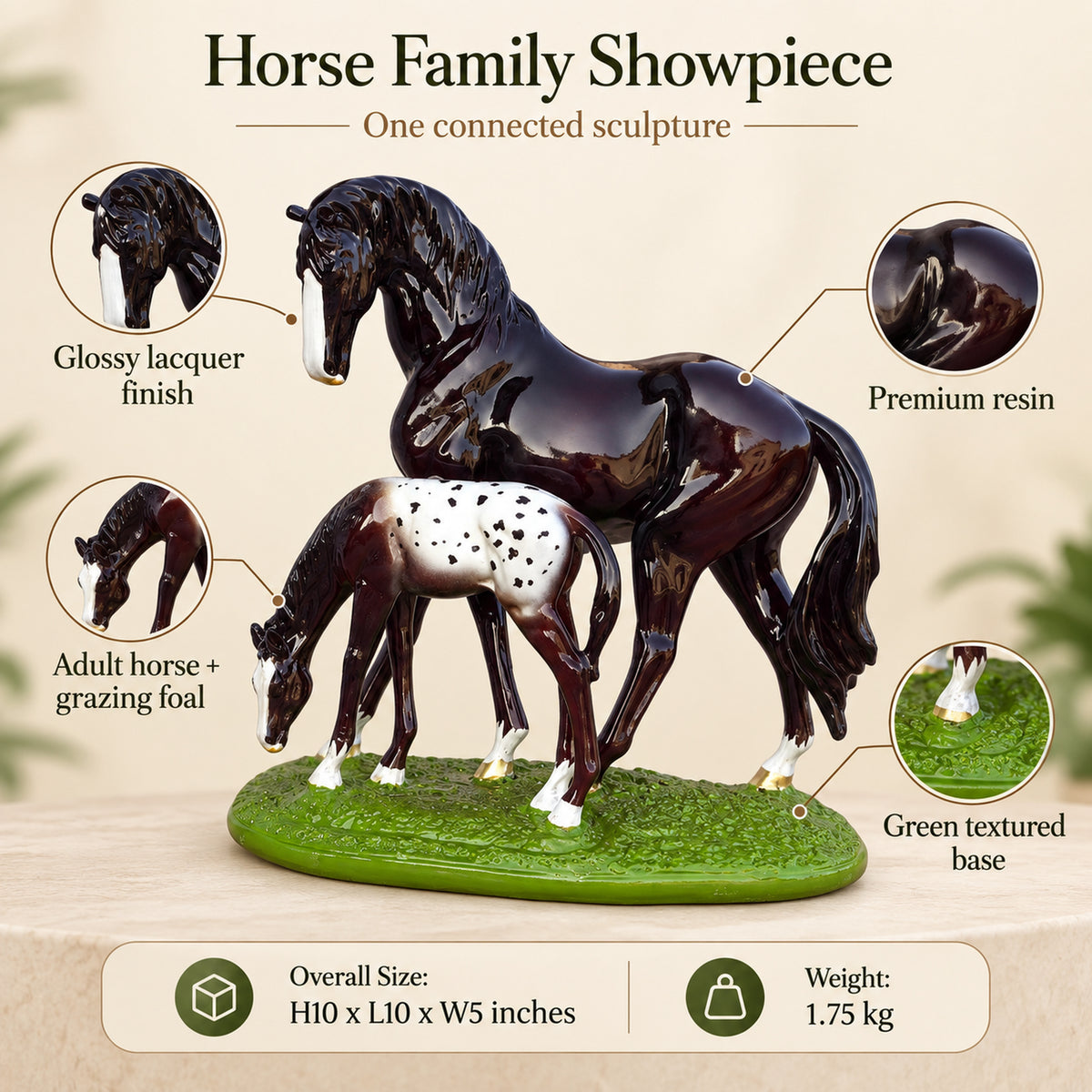 Horse Family Showpiece, Resin Horse and Foal Statue, 10 Inch