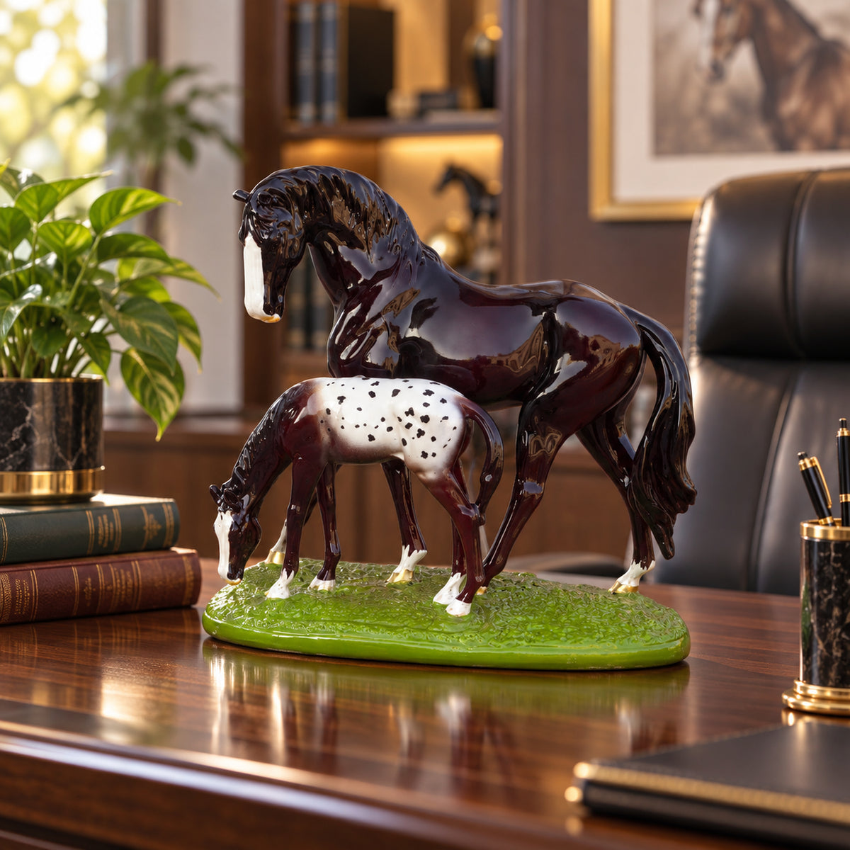 Horse Family Showpiece, Resin Horse and Foal Statue, 10 Inch