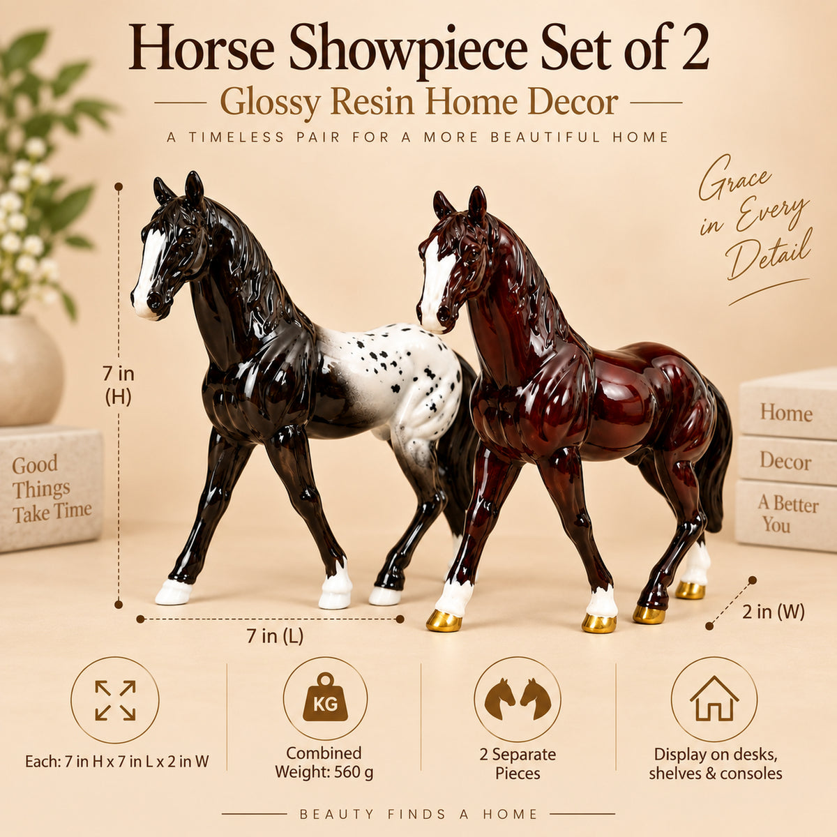 Maroon Horse Statue Showpiece Set of 2, Glossy Resin, 7 Inch