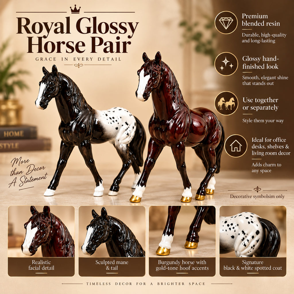Maroon Horse Statue Showpiece Set of 2, Glossy Resin, 7 Inch
