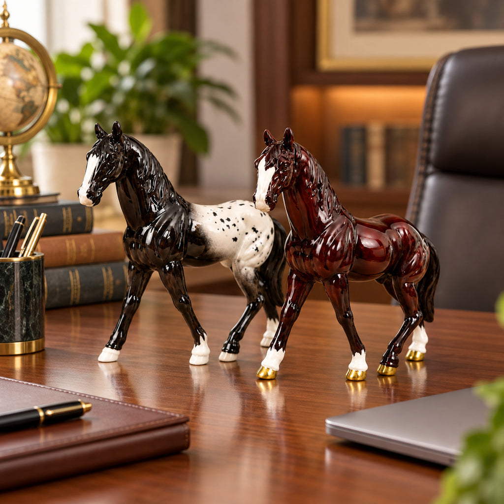 Maroon Horse Statue Showpiece Set of 2, Glossy Resin, 7 Inch