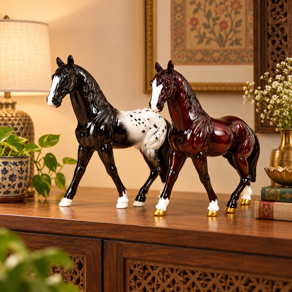 Maroon Horse Statue Showpiece Set of 2, Glossy Resin, 7 Inch