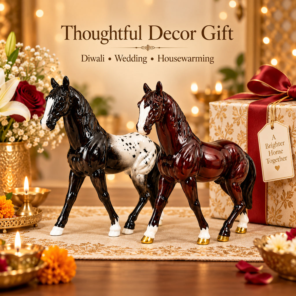 Maroon Horse Statue Showpiece Set of 2, Glossy Resin, 7 Inch