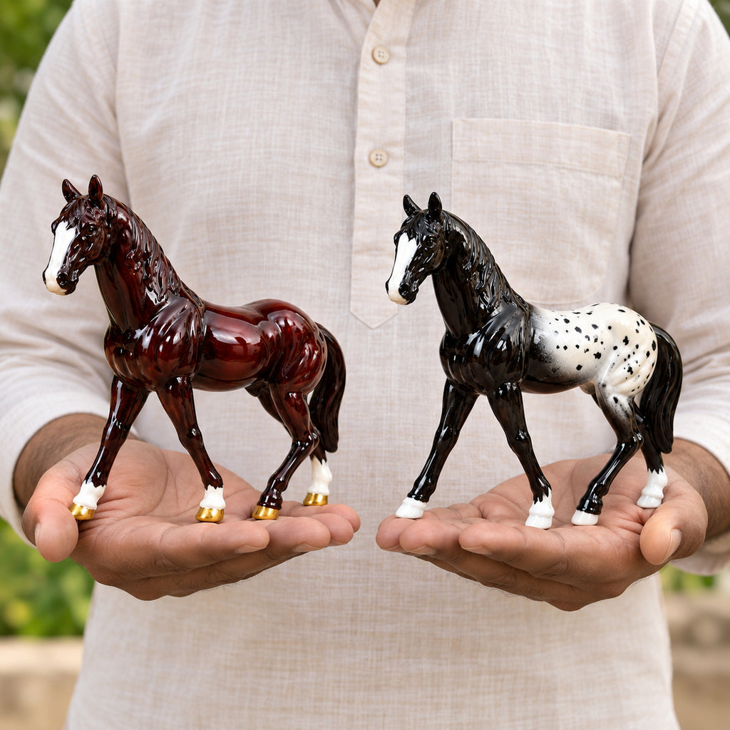 Maroon Horse Statue Showpiece Set of 2, Glossy Resin, 7 Inch