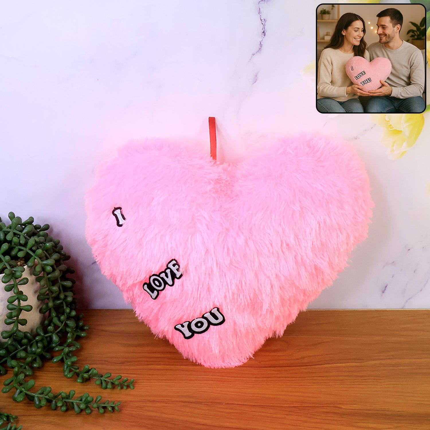 Soft heart shape plush cushion with embroidered I Love You message