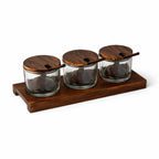Wooden Spice Jar Set with Tray & Spoons | 3 Glass Spice Containers for Kitchen & Dining