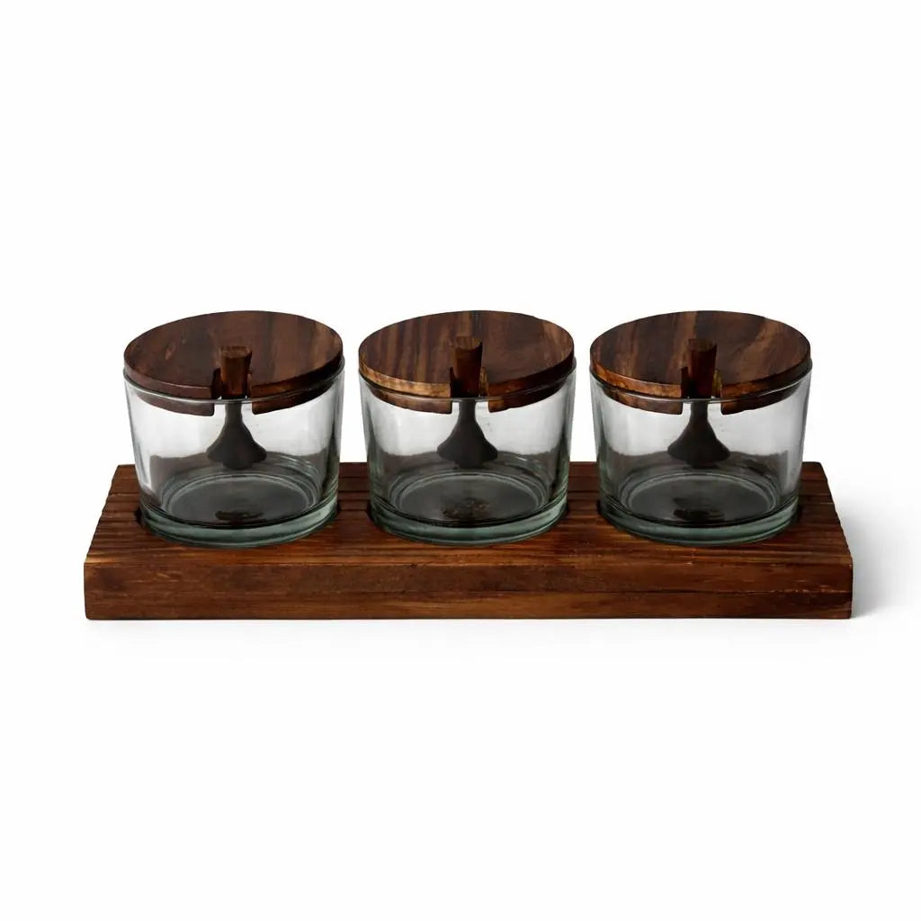 Wooden Spice Jar Set with Tray & Spoons | 3 Glass Spice Containers for Kitchen & Dining