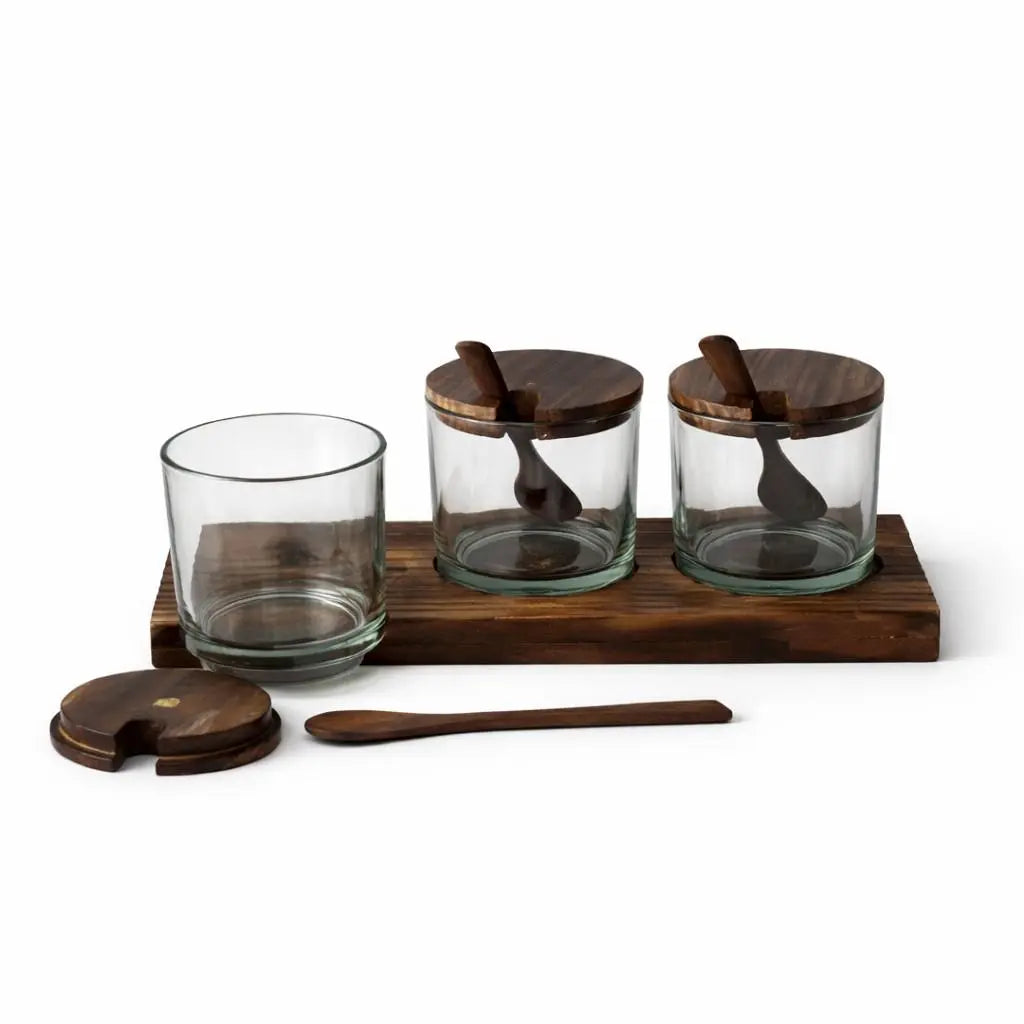 Wooden Spice Jar Set with Tray & Spoons | 3 Glass Spice Containers for Kitchen & Dining