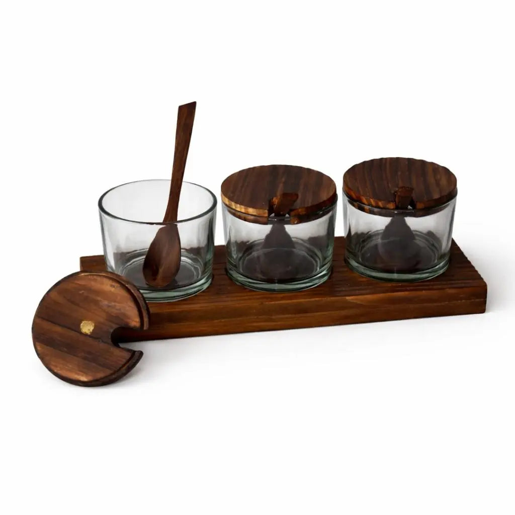 Wooden Spice Jar Set with Tray & Spoons | 3 Glass Spice Containers for Kitchen & Dining