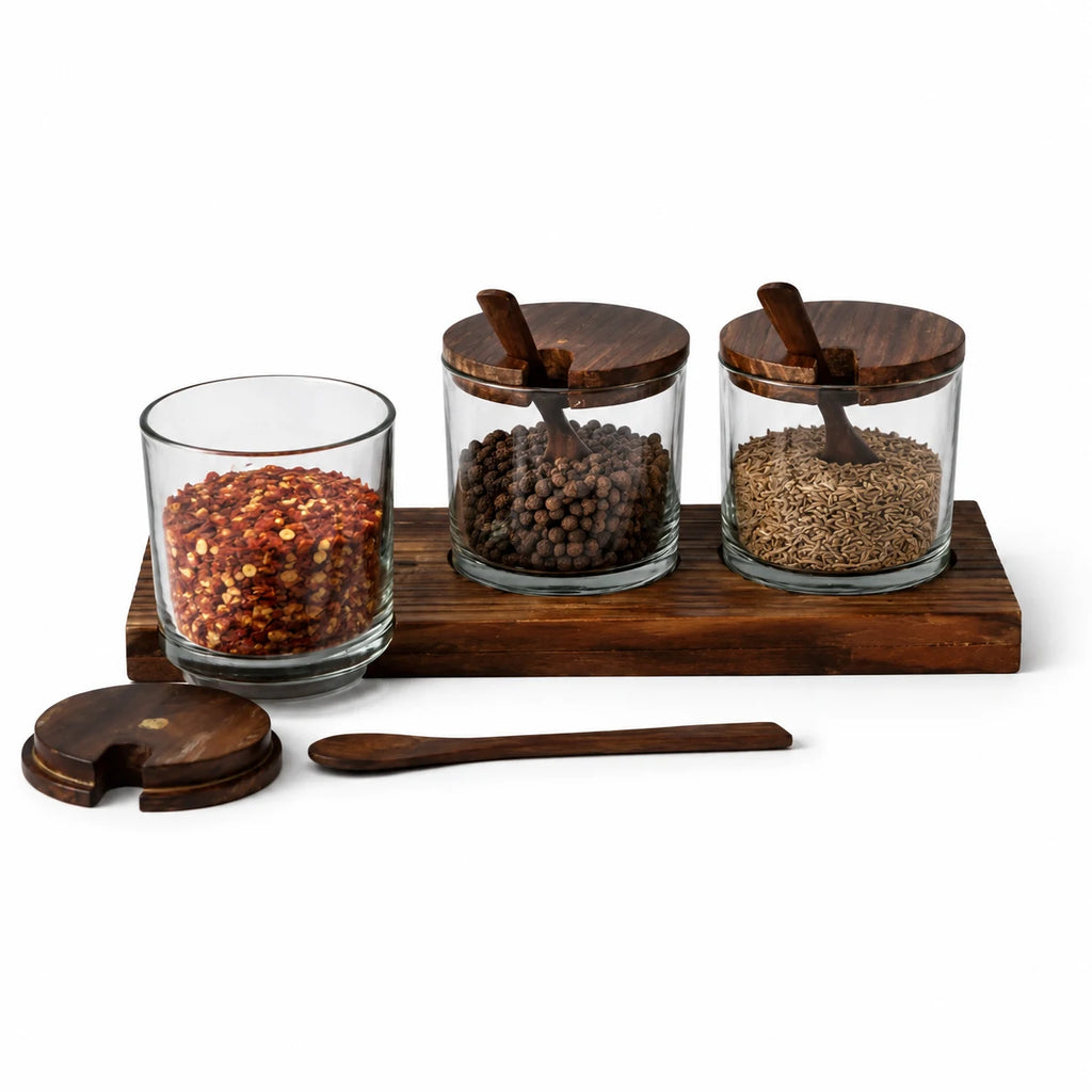 Wooden Spice Jar Set with Tray & Spoons | 3 Glass Spice Containers for Kitchen & Dining