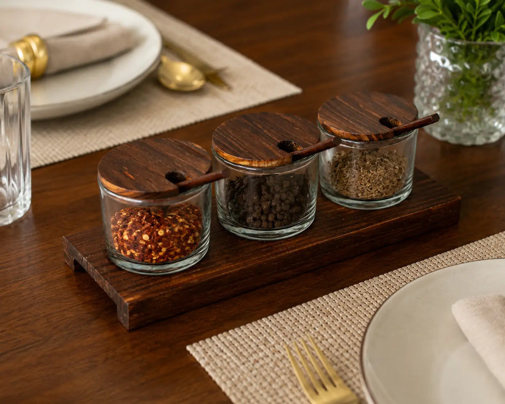 Wooden Spice Jar Set with Tray & Spoons | 3 Glass Spice Containers for Kitchen & Dining