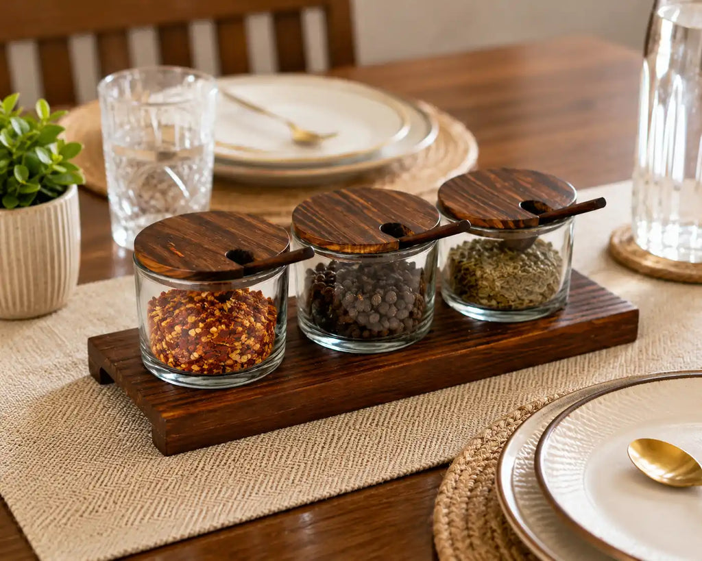 Wooden Spice Jar Set with Tray & Spoons | 3 Glass Spice Containers for Kitchen & Dining