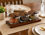 Wooden Spice Jar Set with Tray & Spoons | 3 Glass Spice Containers for Kitchen & Dining