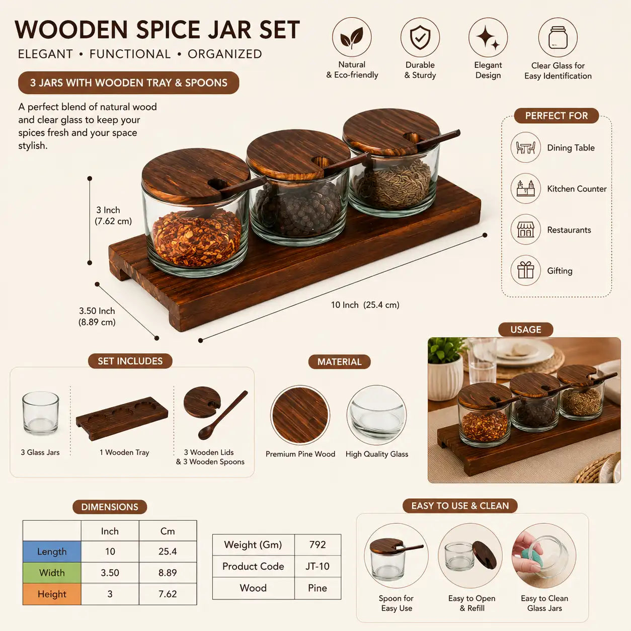 Wooden Spice Jar Set with Tray & Spoons – 3 Glass Spice Containers with Wooden Lids – Kitchen Counter & Dining Table Condiment Organizer – Pine Wood Storage Jar Set for Salt, Pepper, Herbs & Masala