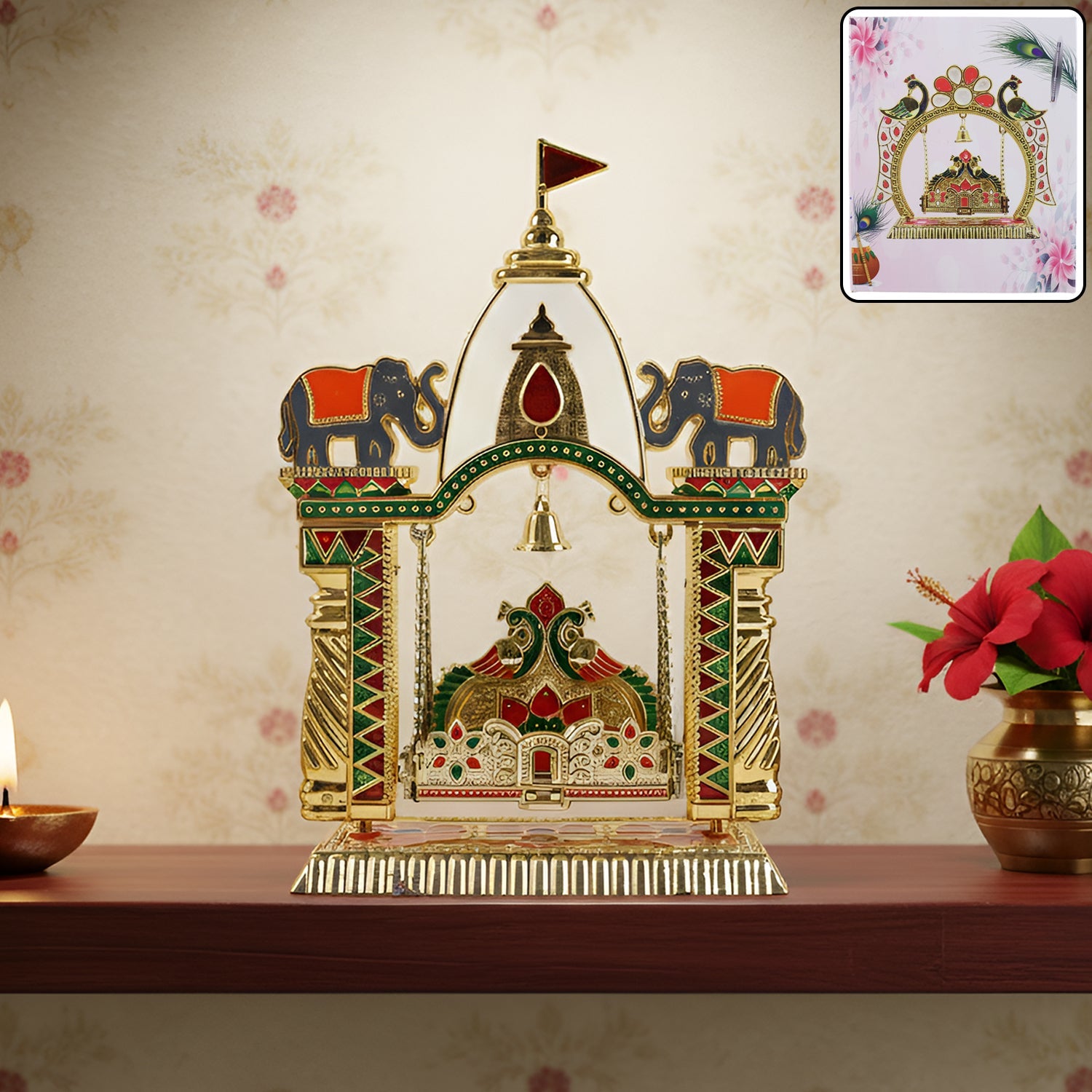 Traditional pooja jhula mandir with elephant motifs and hanging bell