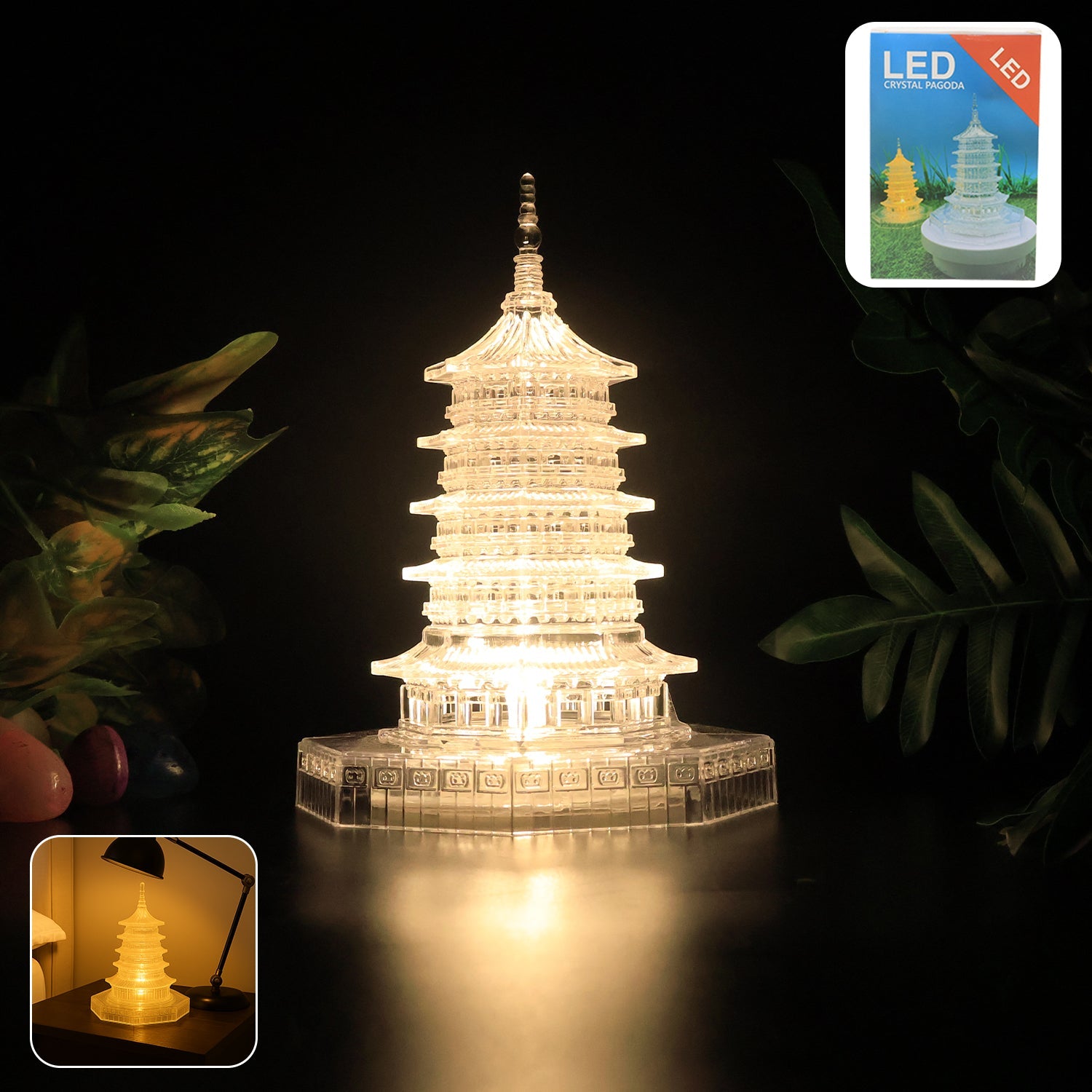 Premium LED Crystal Pagoda Decorative Lamp emitting warm glow