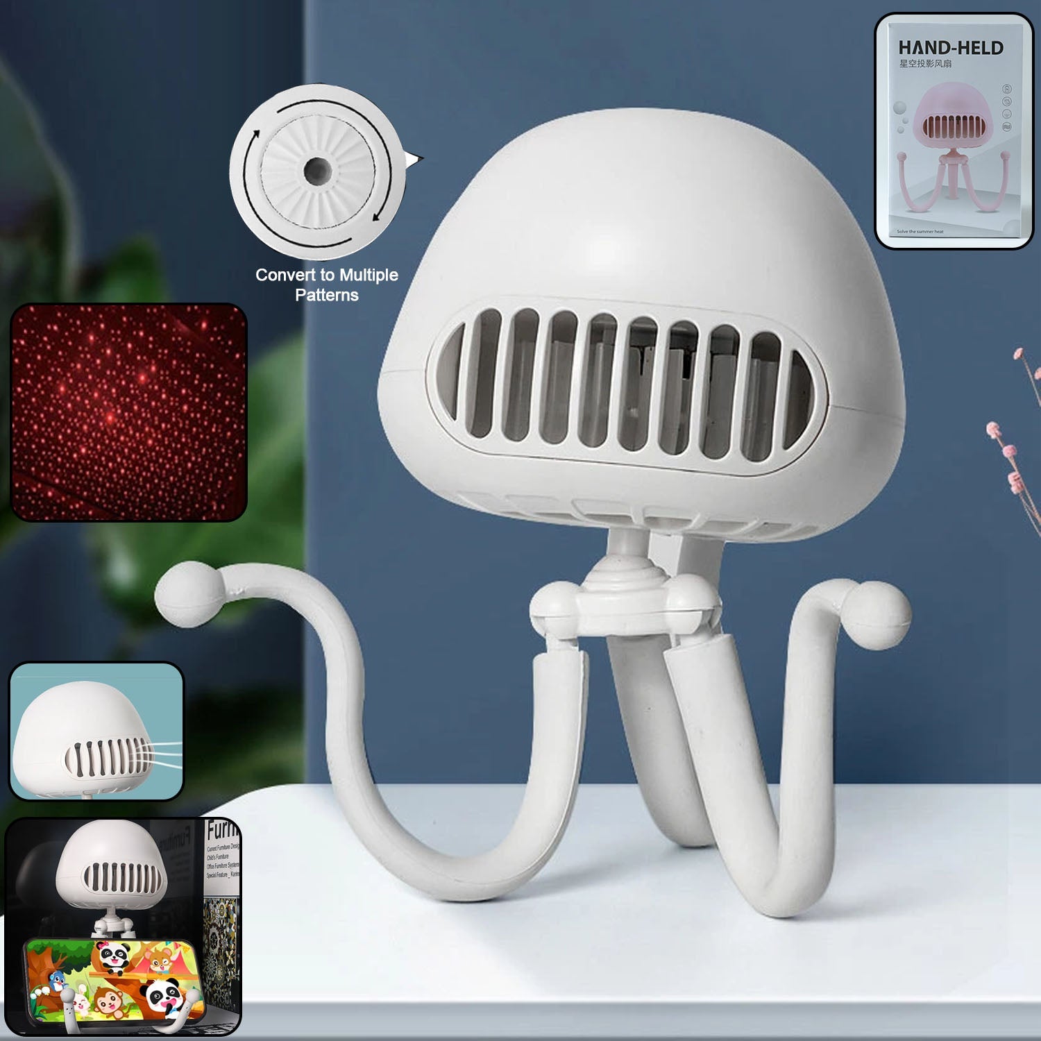 Handheld mini fan with LED star projector showing summer cooling effect
