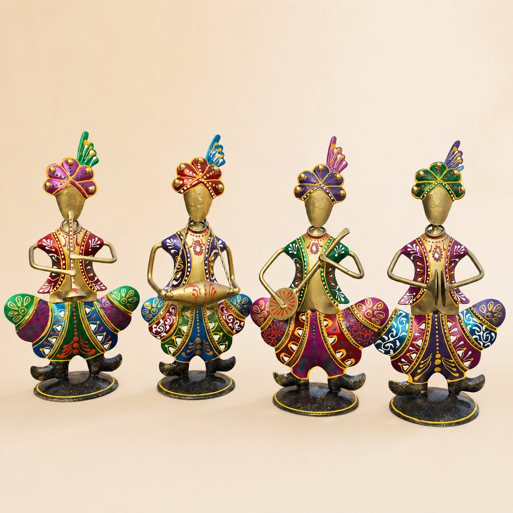 Gold Iron Rajasthani Musician Statue Showpiece Set of 4, 9 Inch