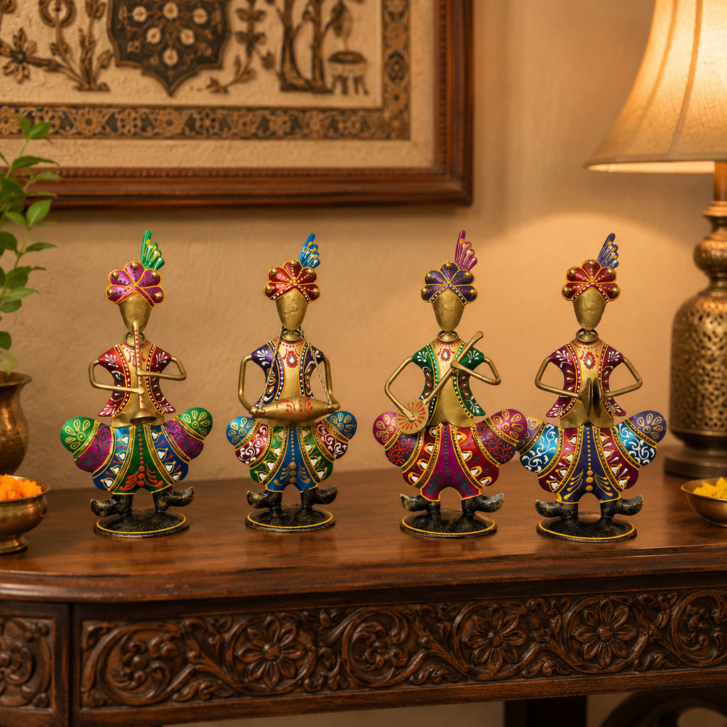 Gold Iron Rajasthani Musician Statue Showpiece Set of 4, 9 Inch