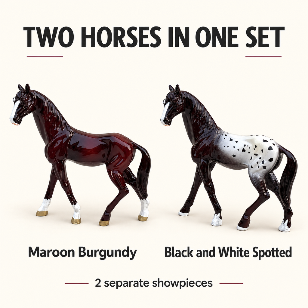 Maroon Horse Statue Showpiece Set of 2, Glossy Resin, 7 Inch