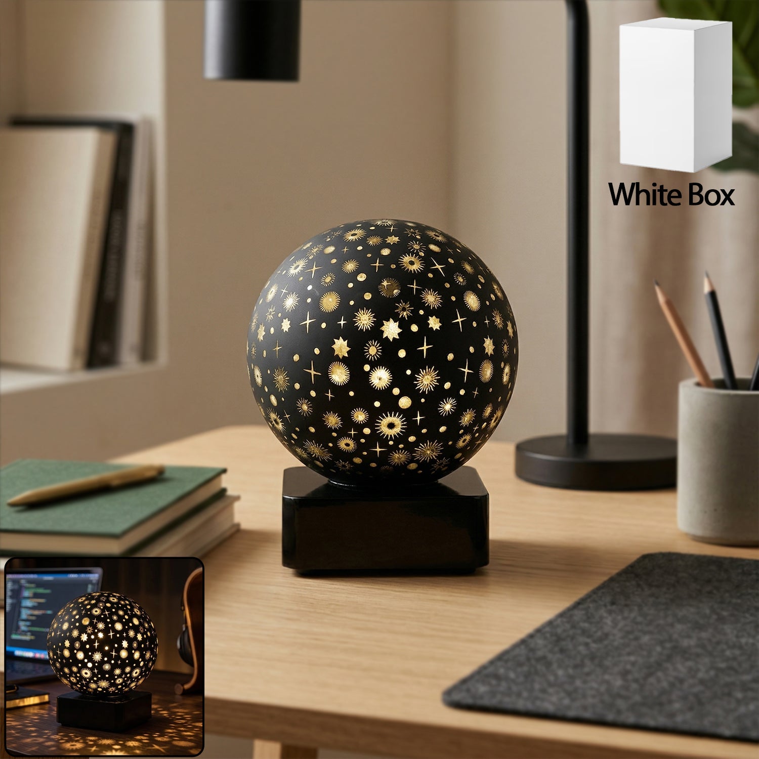 Starry sky projector night lamp with glowing star patterns on base