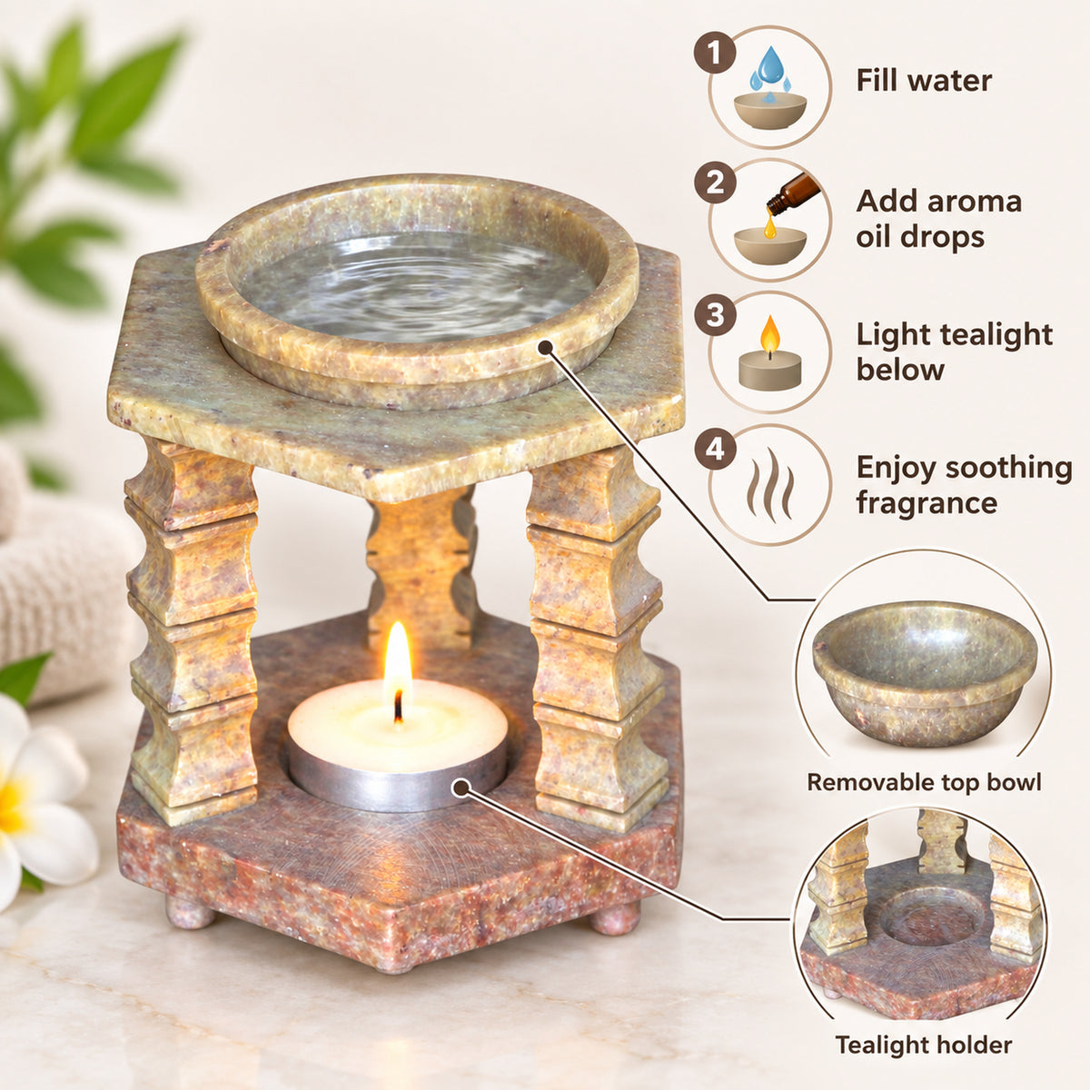 Soapstone Aroma Oil Burner, Tealight Diffuser, 4.5 Inch