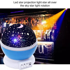 Star projector night lamp illuminating a dark room with celestial patterns.
