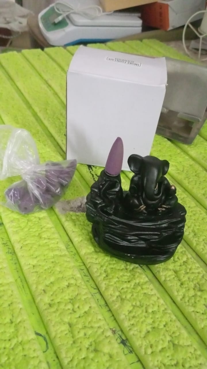Ganesha Murti Smoke Fountain with included incense cones, ready for use.