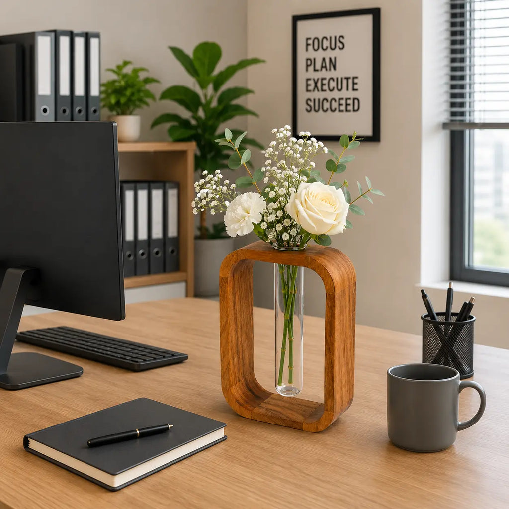 Premium Acacia Wood & Glass Flower Vase | Modern Table Decor for Home & Office