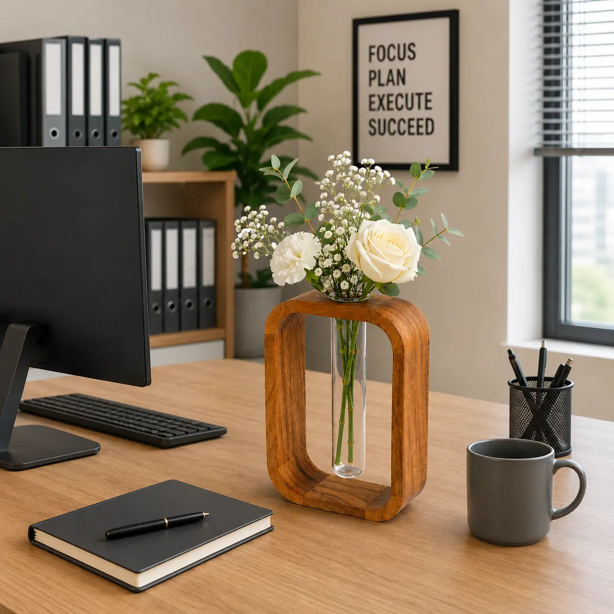 Premium Acacia Wood & Glass Flower Vase | Modern Table Decor for Home & Office