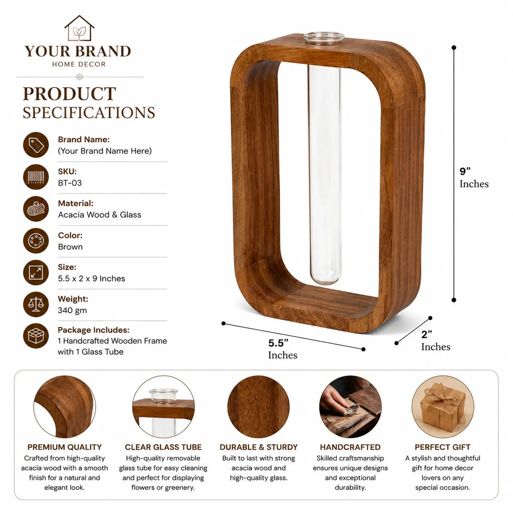 Premium Acacia Wood & Glass Flower Vase | Modern Table Decor for Home & Office
