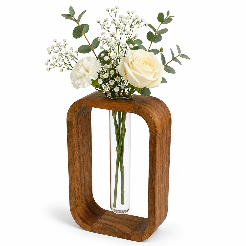 Premium Acacia Wood & Glass Flower Vase | Modern Table Decor for Home & Office