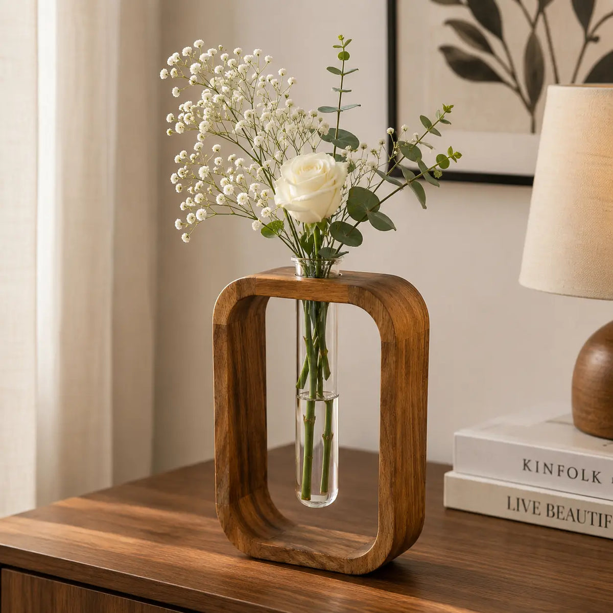 Premium Acacia Wood & Glass Flower Vase | Modern Table Decor for Home & Office