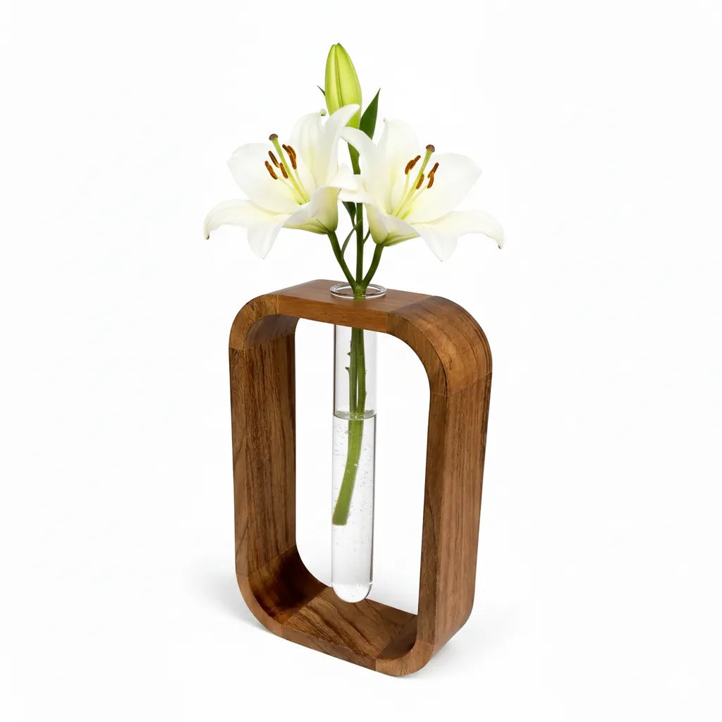 Premium Acacia Wood & Glass Flower Vase | Modern Table Decor for Home & Office