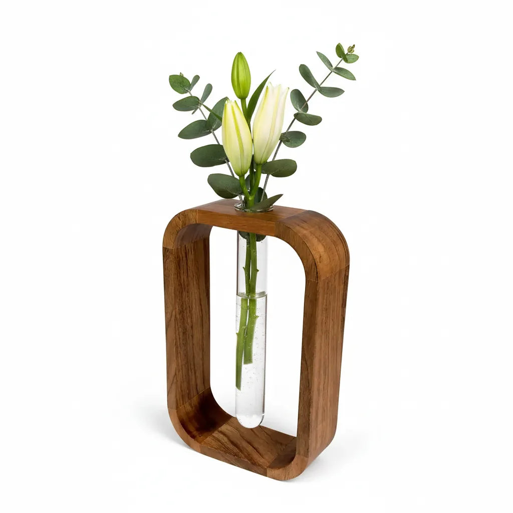 Premium Acacia Wood & Glass Flower Vase | Modern Table Decor for Home & Office