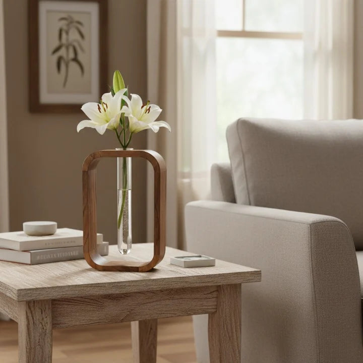 Premium Acacia Wood & Glass Flower Vase | Modern Table Decor for Home & Office
