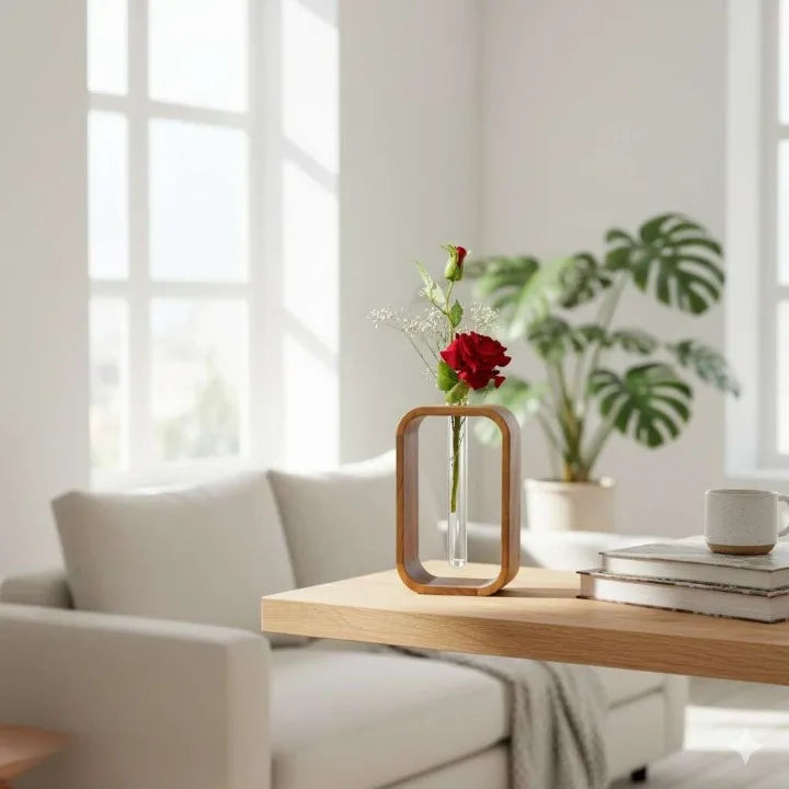Premium Acacia Wood & Glass Flower Vase | Modern Table Decor for Home & Office
